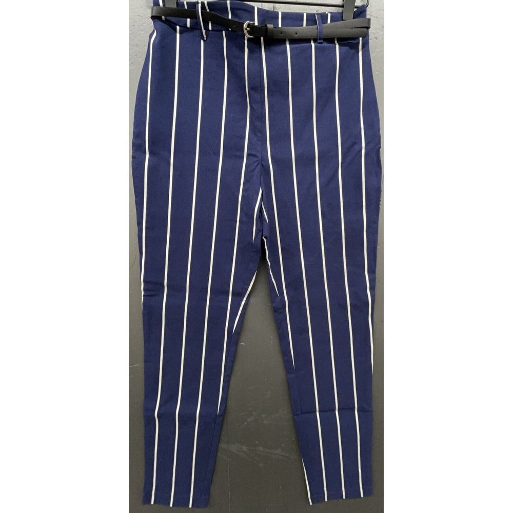 Womens Ankle Pants M Blue Stripe Stretch Pull On Belt Mid Rise Career Preppy New